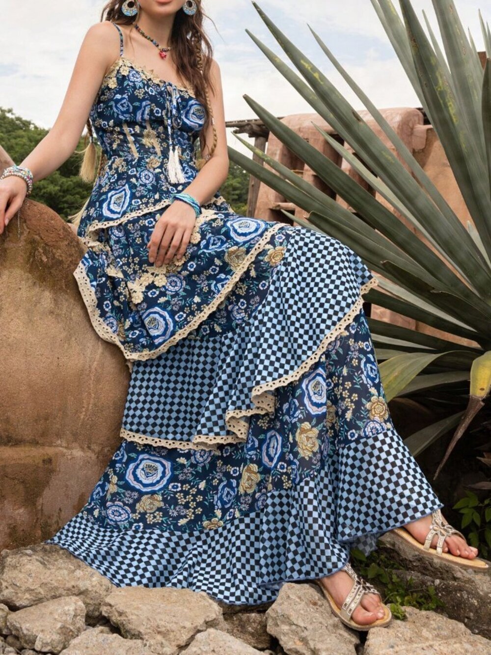 Blue Bohemian Casual Women's Elegant Chiffon Dress with Lace Tassel Tiered Hem - Picture 10 of 11